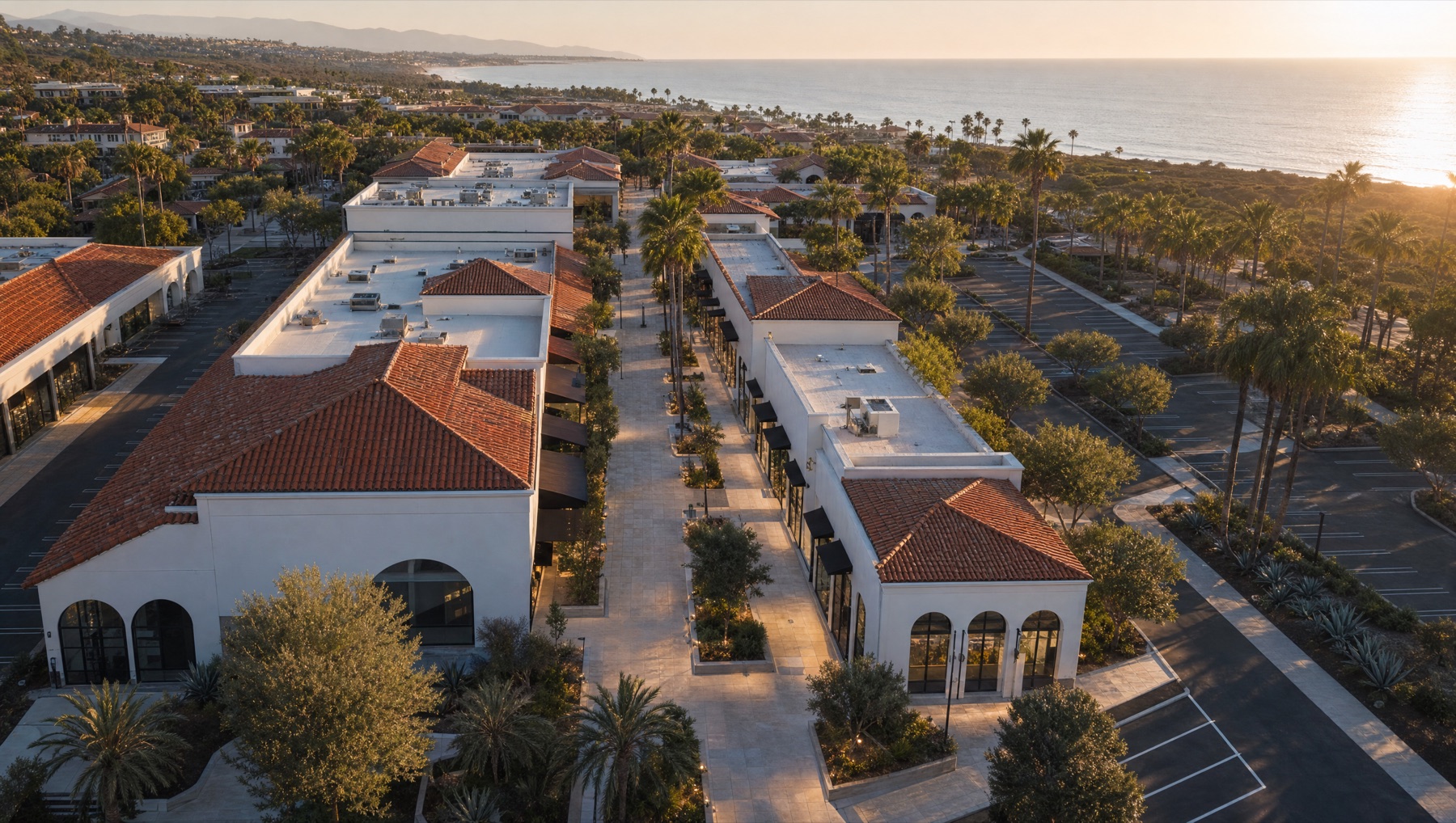 Aerial view of a Spanish-style retail street near the Southern California coast at golden hour