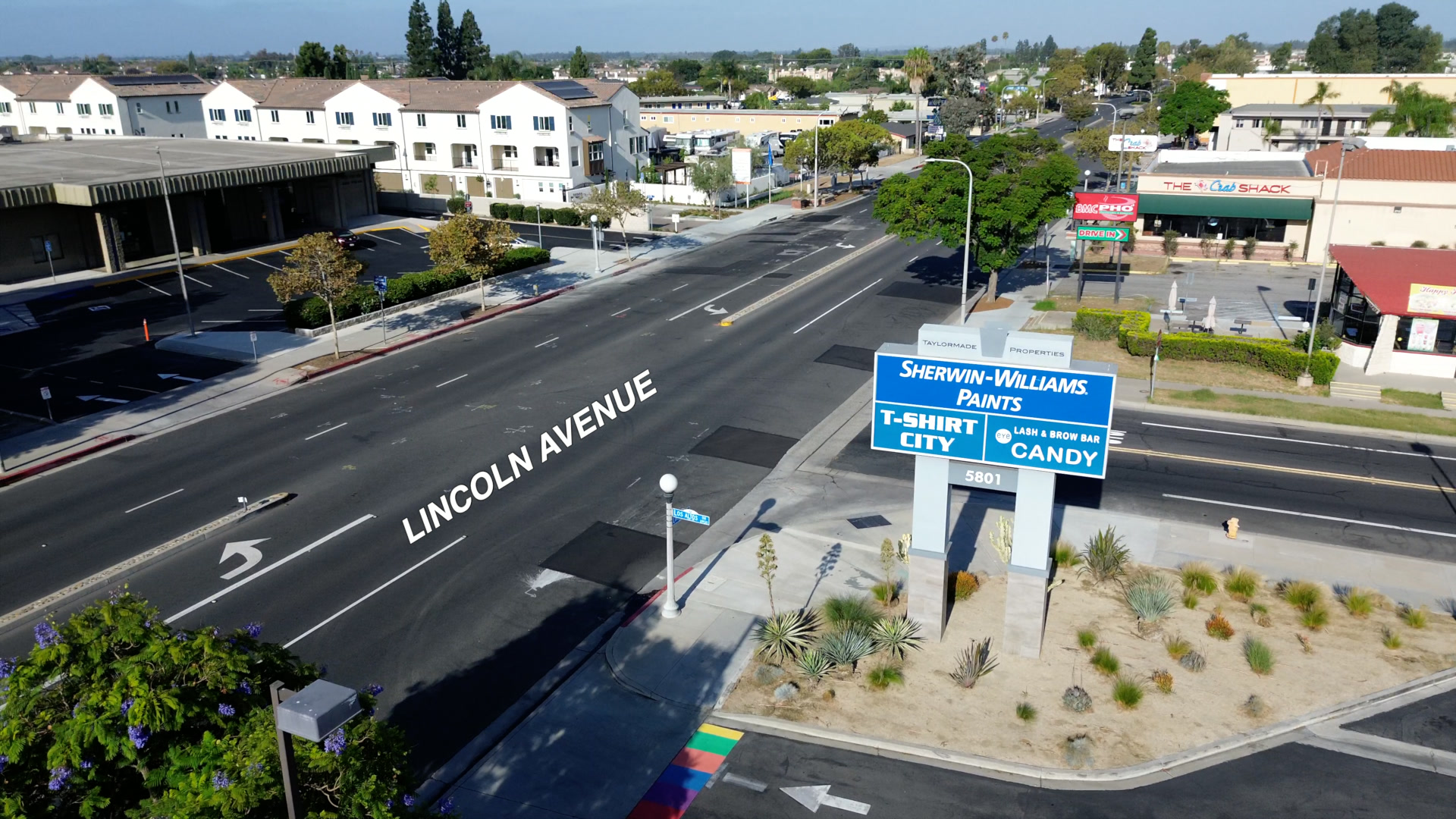 Lincoln Avenue frontage and the monument sign at 5801 Lincoln Ave